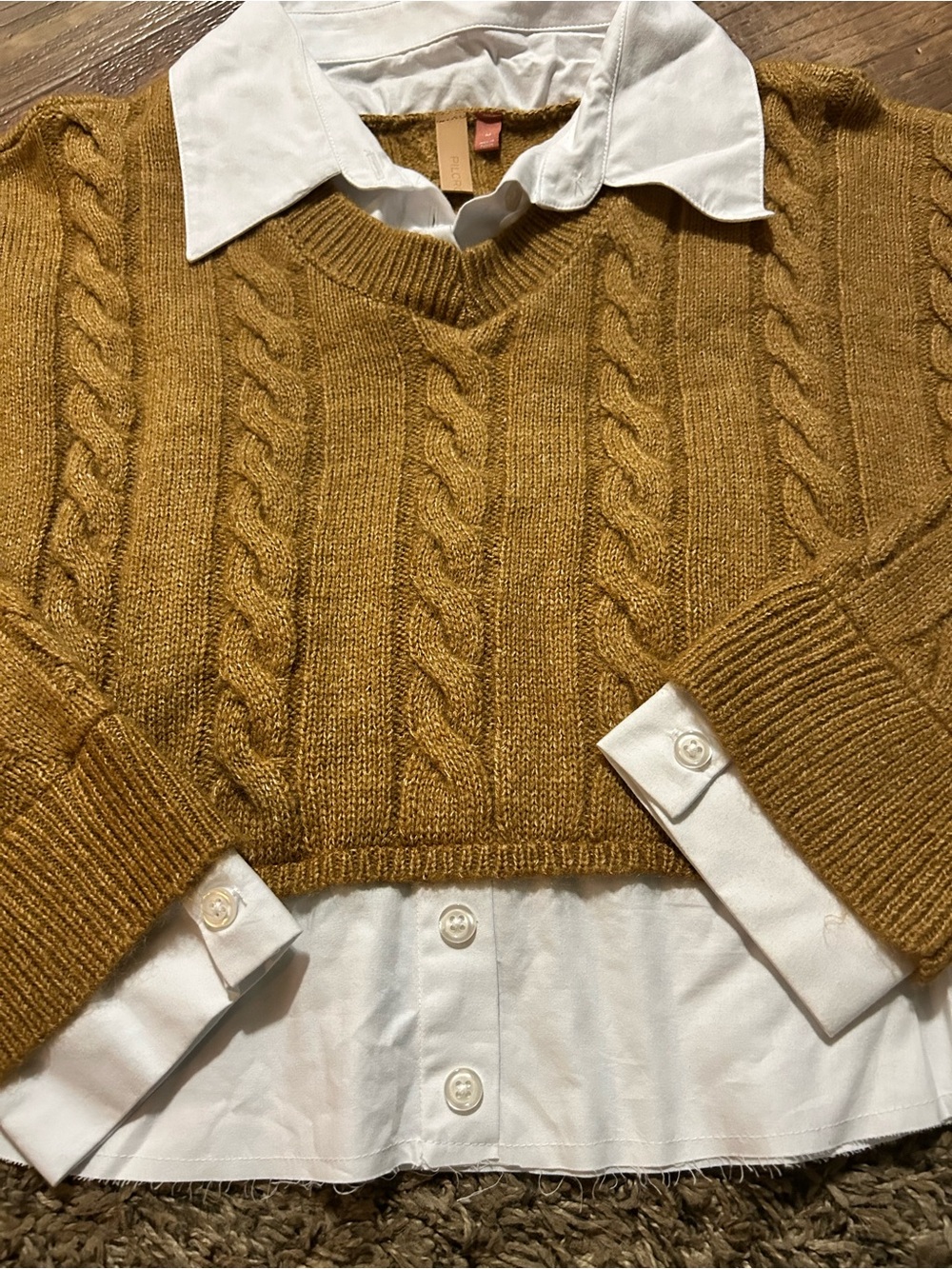 Pilcro Cropped Cable-Knit Twofer Sweater - Mustard Brown - Picture 3 of 4